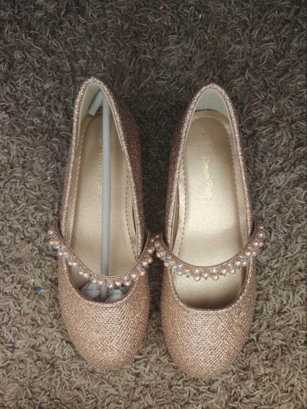 Girl's Glitter Pearl Strap Flats - Rose Gold Size 1